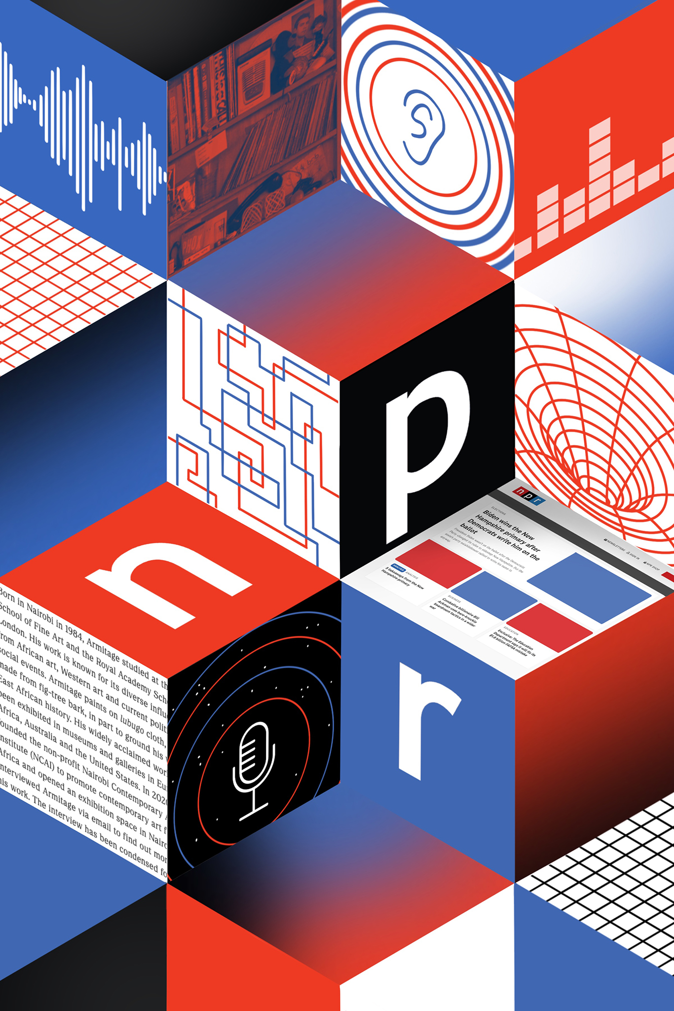 A poster with black, red, blue, and white square blocks where each block contains a different illustration of a shape or pattern related to the theme of radio along with white text that reads “NPR”.