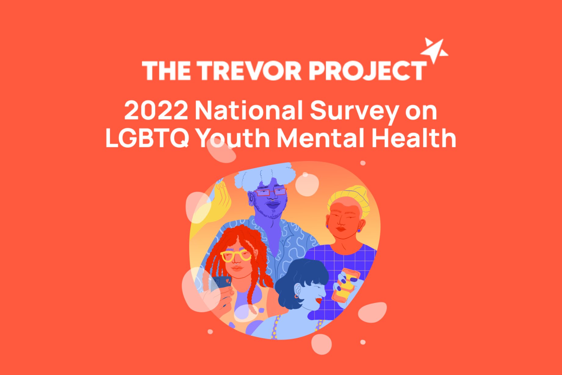 Orange banner with colorful youth illustration for The Trevor Project 2022 National Survey on LGBTQ Youth Mental Health.