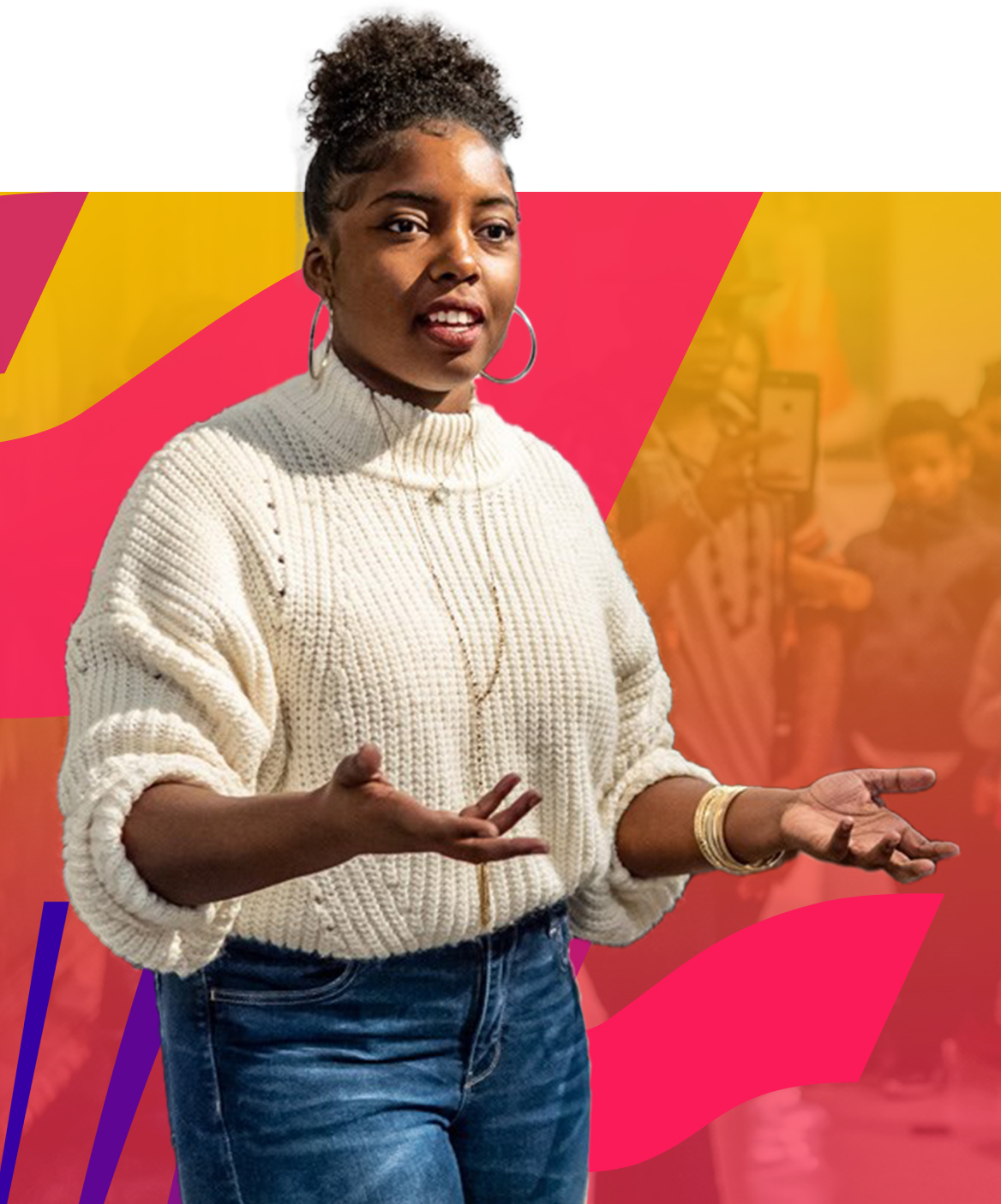 a young Black woman standing, speaking with the Dodge Foundation in the background.