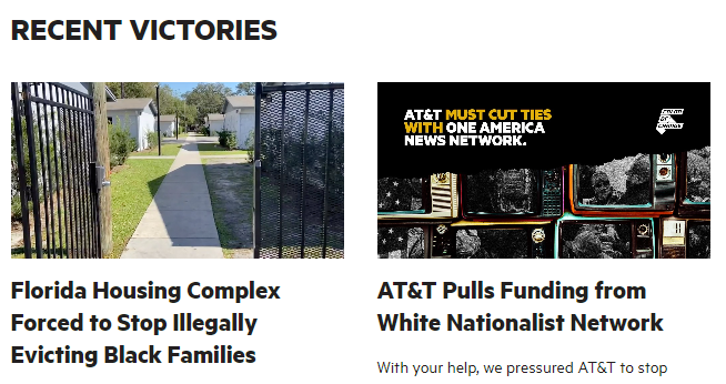 Screenshot from Color of Change's website showing two of their recent victories.