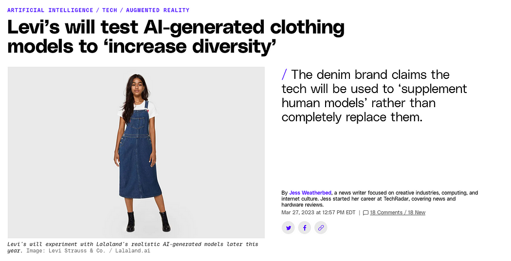 Article headline reads “Levi’s will test AI-generate clothing models to ‘increase diversity’” / “The denim brand claims the tech will be used to ‘supplement human models’ rather than completely replace then.”