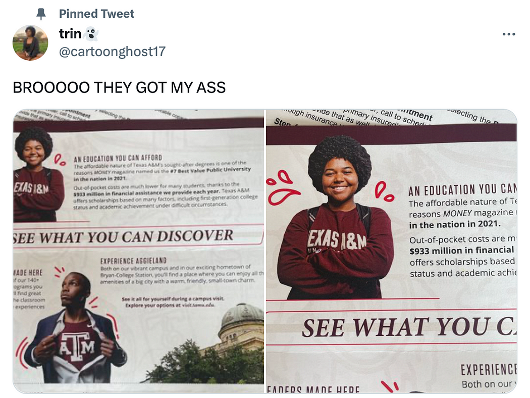Tweet from the same student reads “BROOOOO THEY GOT MY ASS” accompanied by a photo of a school magazine page with the student’s photo featured.