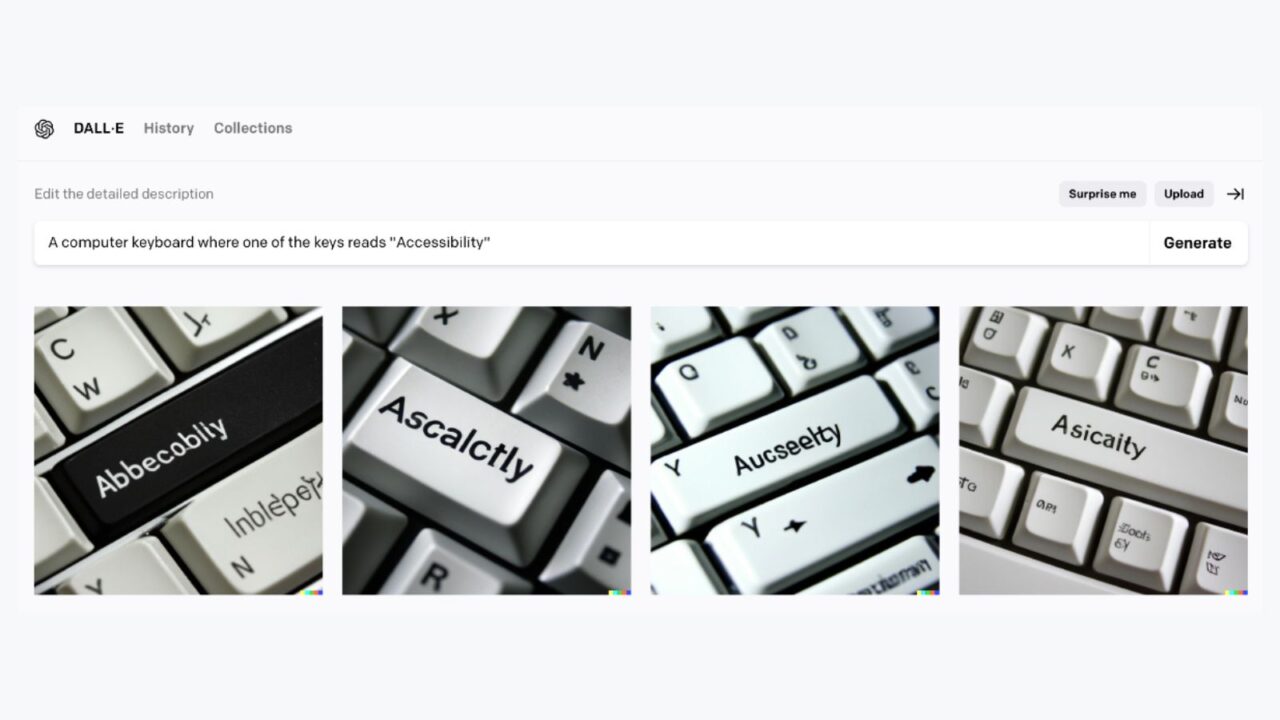 A screengrab from the AI Image generator DALL-E where the search bar reads "A computer keyboard where one of the keys read accessibility". None of the images generated spell accessibility correctly.