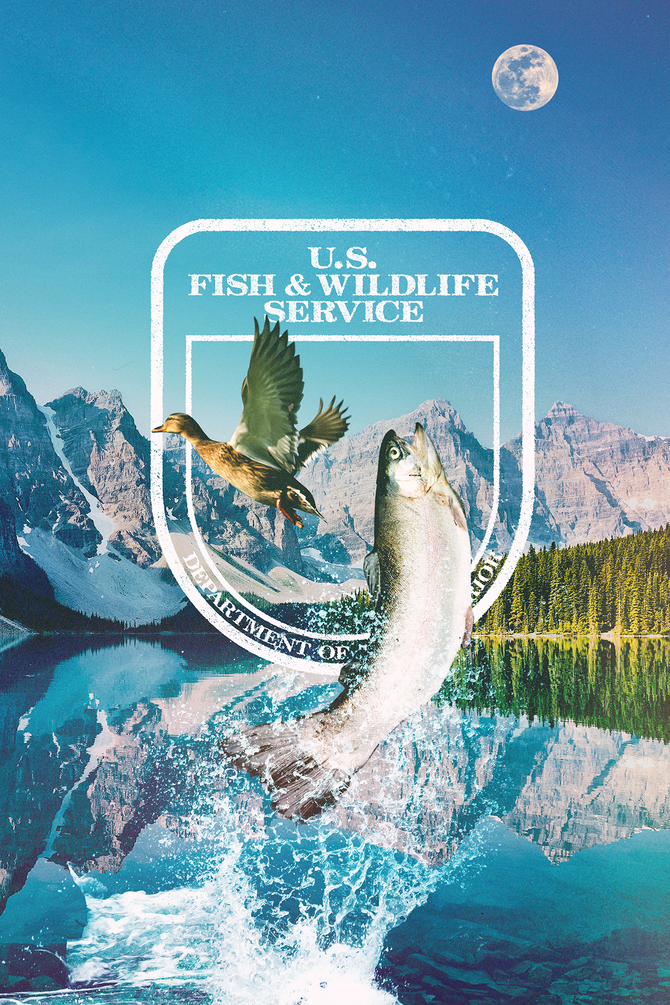 A poster of an image of an alpine lake with pine trees, snowy peaks, and the moon overlaid by a white USFWS logo partially covered up by a fish jumping and a duck flying.