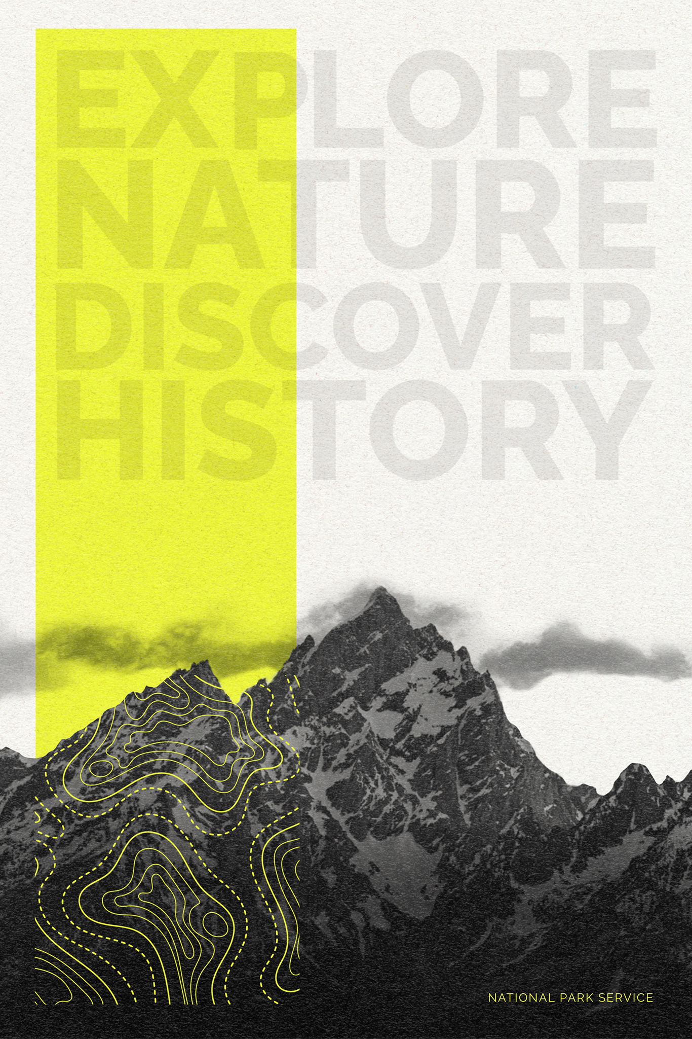 A gray poster with a black and white image of mountain peaks with a yellow color illustration of topography and dark gray text that reads “Explore nature discover history”.