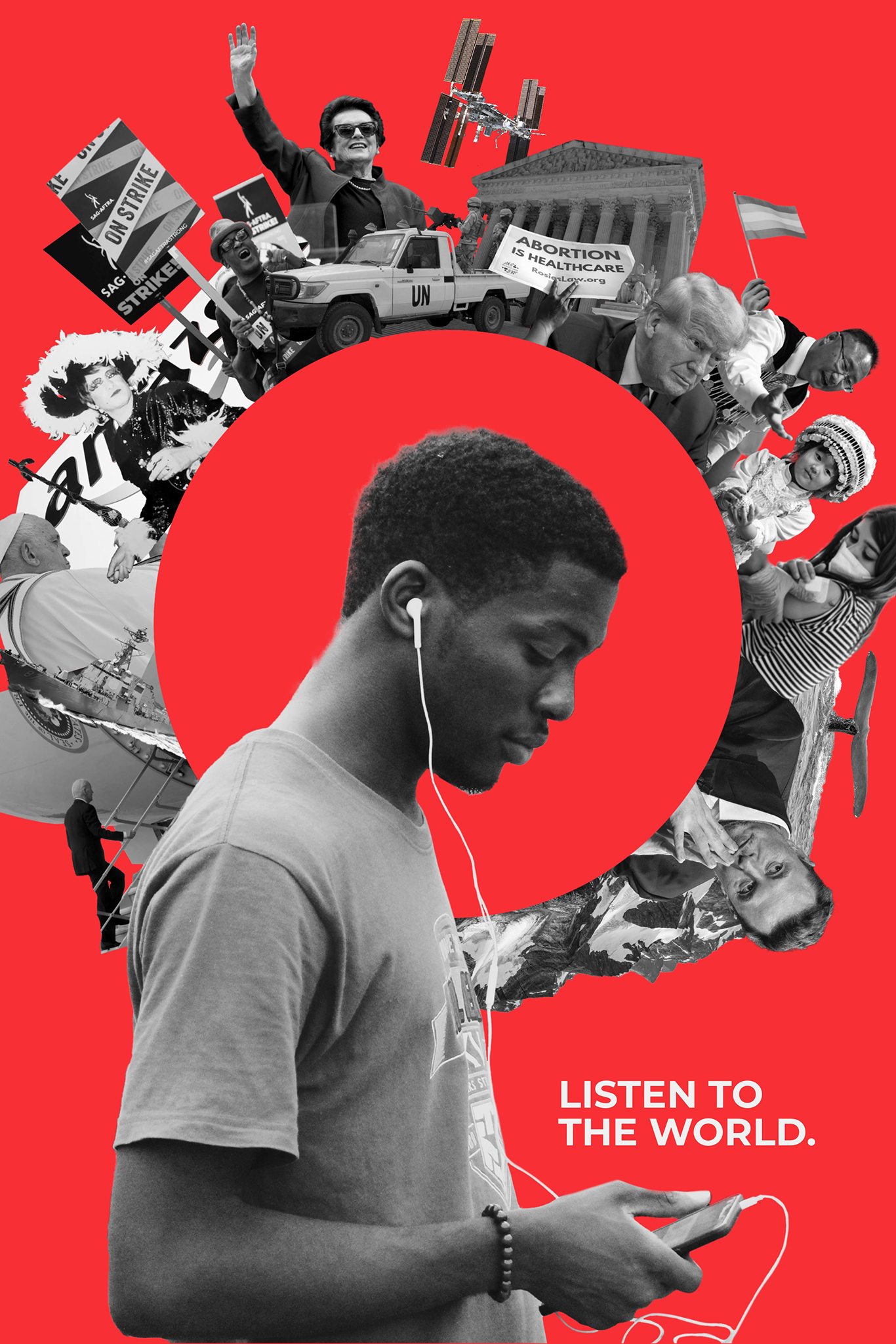 A red poster with a black and white image of a young black man listening to an iPod surrounded by a collage of black and white images of cultural events throughout recent history with white text that reads “listen to the world”.