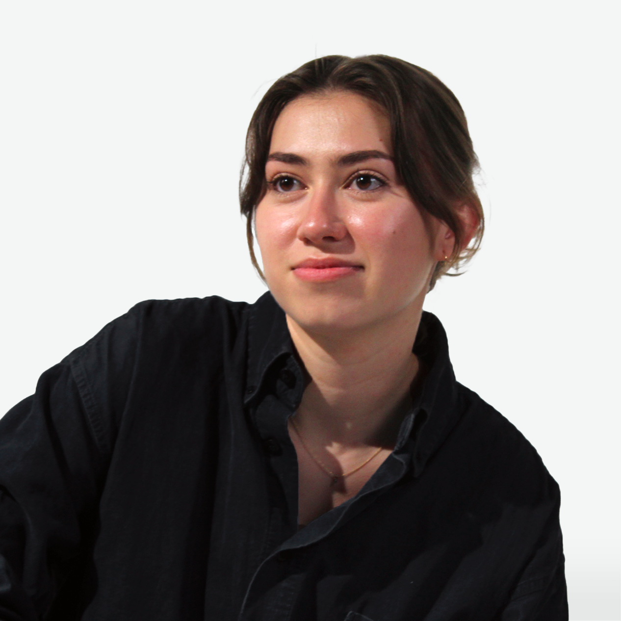 Lindsay Farb, a white woman in her 20s with dark brown hair pulled back in a low messy bun, wearing a black long-sleeve button-up, a thin gold necklace, looking off to her right with content.